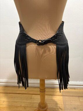 BCBGMaxAzria faux pebbled leather stitched & punctured fringe belt in black
